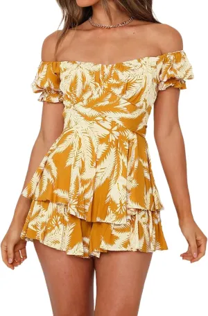 Fixmatti Women Boho Romper Off Shoulder Ruffle Chiffon Shorts Jumpsuit Playsuits
