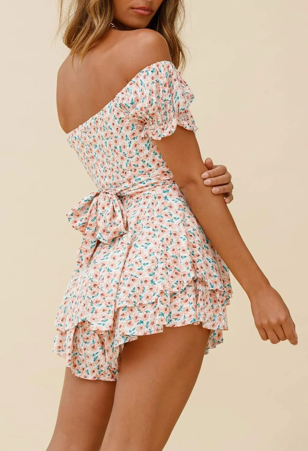 Fixmatti Women Boho Romper Off Shoulder Ruffle Chiffon Shorts Jumpsuit Playsuits