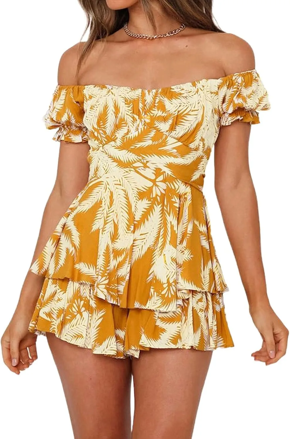 Fixmatti Women Boho Romper Off Shoulder Ruffle Chiffon Shorts Jumpsuit Playsuits
