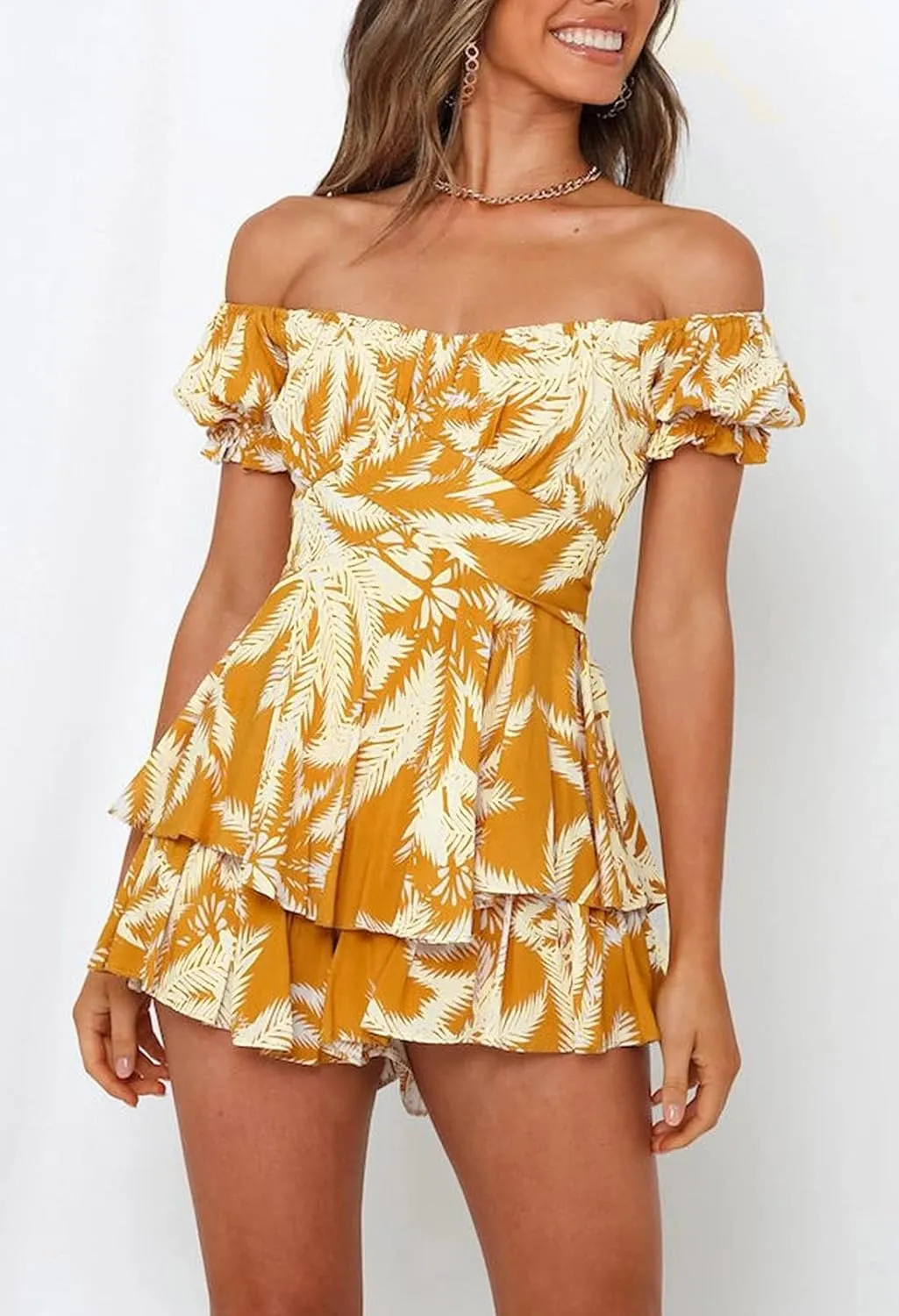 Fixmatti Women Boho Romper Off Shoulder Ruffle Chiffon Shorts Jumpsuit Playsuits