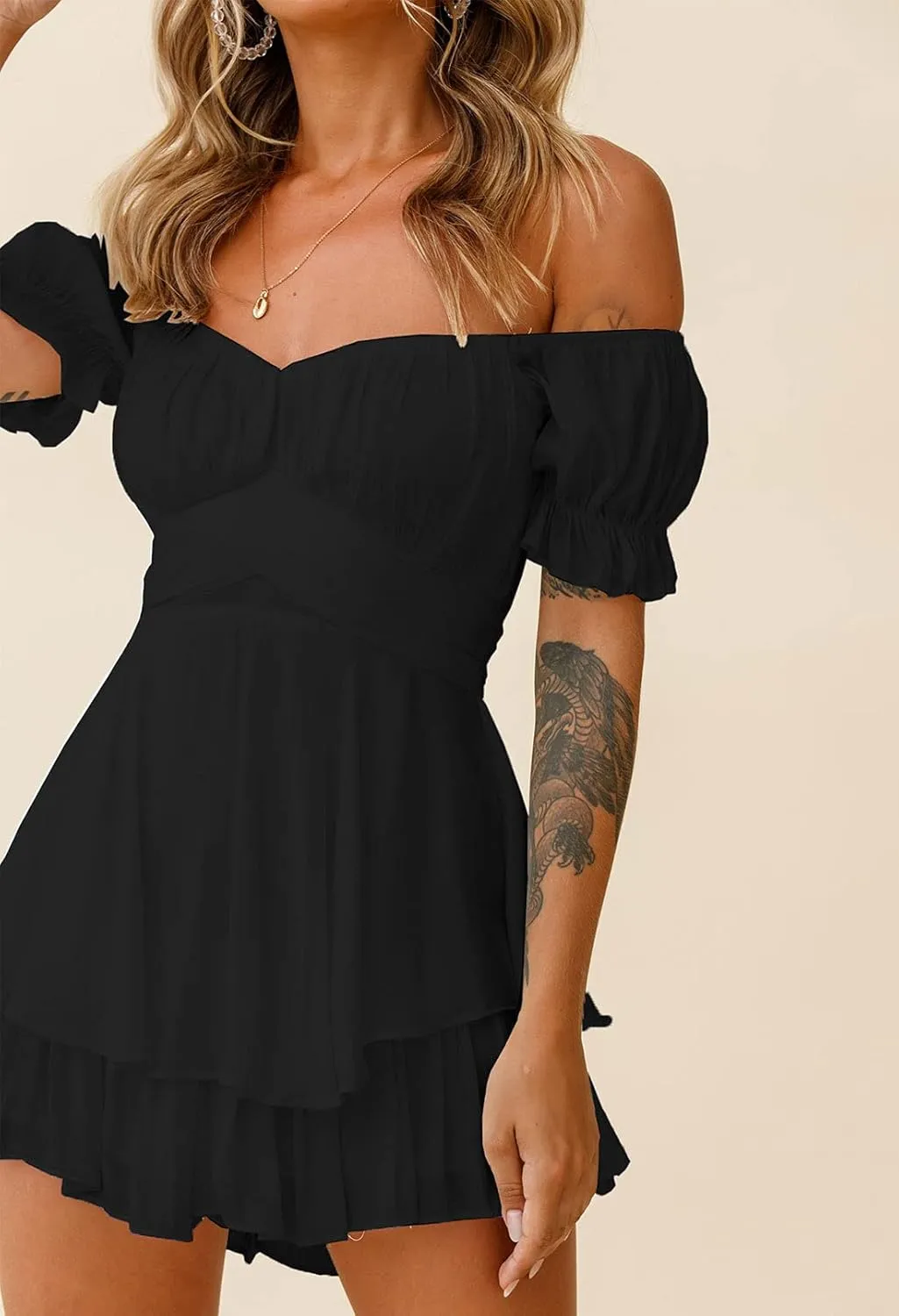 Fixmatti Women Boho Romper Off Shoulder Ruffle Chiffon Shorts Jumpsuit Playsuits