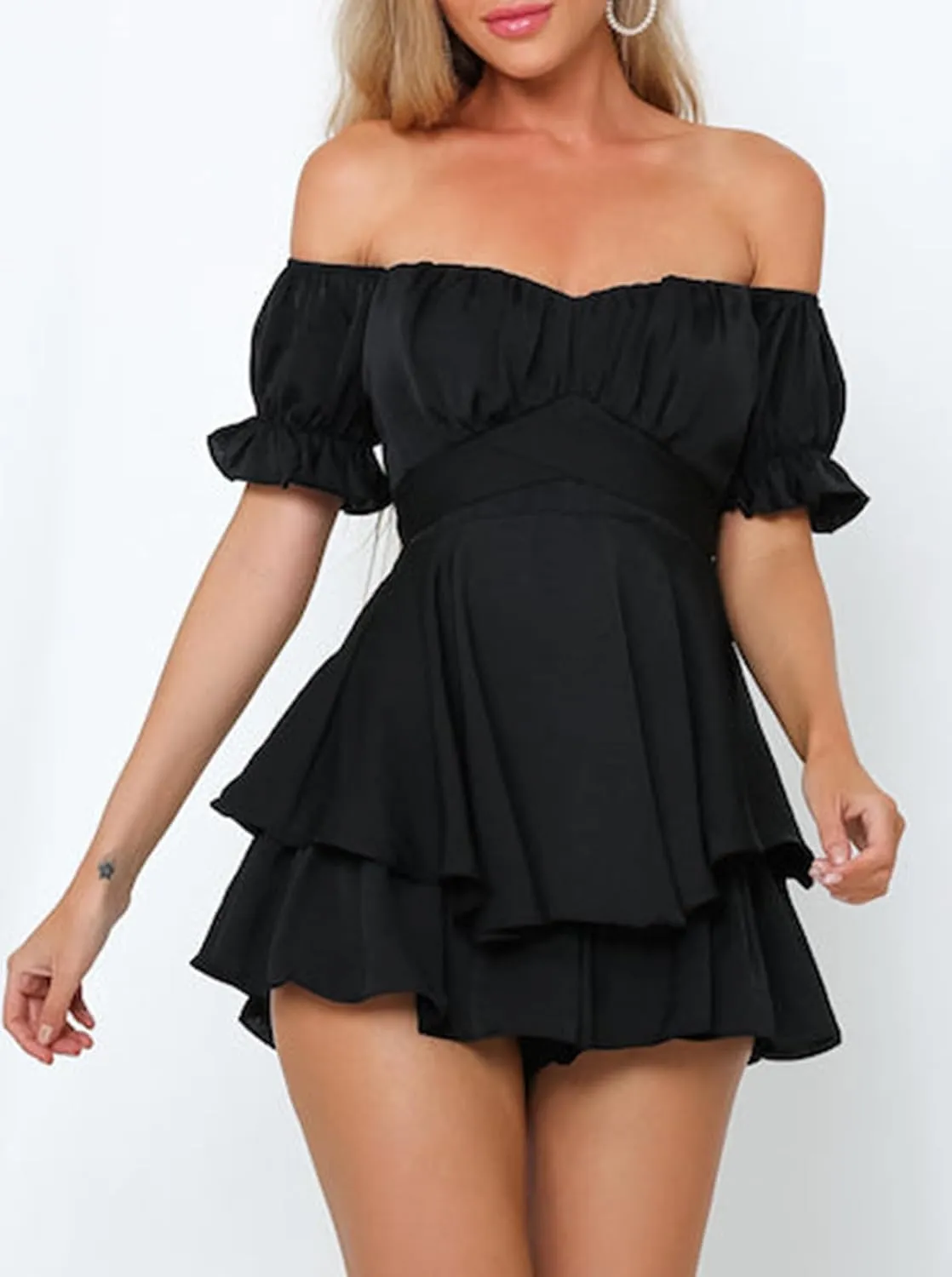 Fixmatti Women Boho Romper Off Shoulder Ruffle Chiffon Shorts Jumpsuit Playsuits