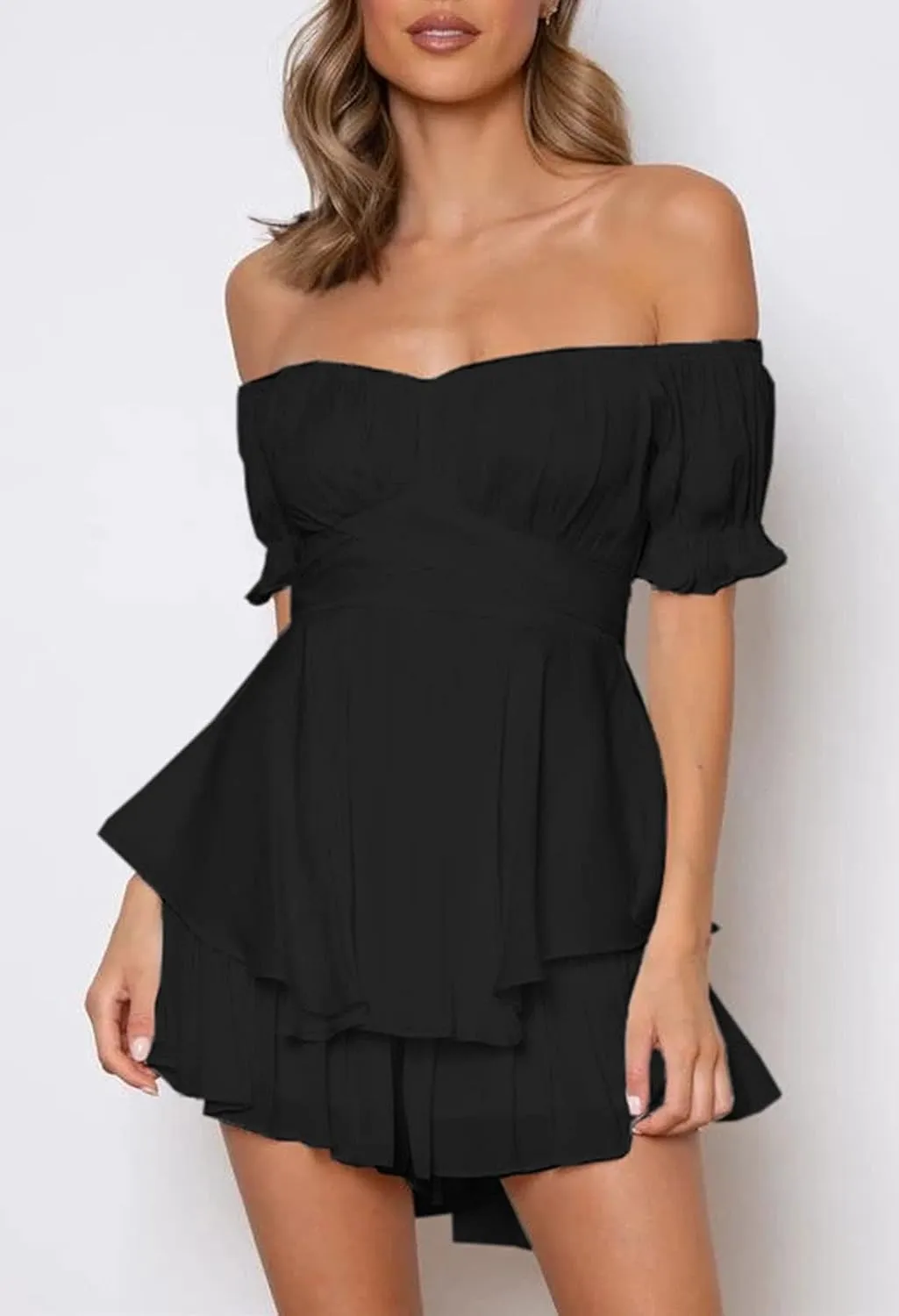 Fixmatti Women Boho Romper Off Shoulder Ruffle Chiffon Shorts Jumpsuit Playsuits
