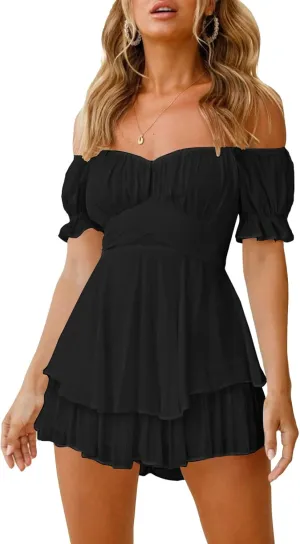 Fixmatti Women Boho Romper Off Shoulder Ruffle Chiffon Shorts Jumpsuit Playsuits
