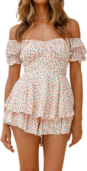 Fixmatti Women Boho Romper Off Shoulder Ruffle Chiffon Shorts Jumpsuit Playsuits