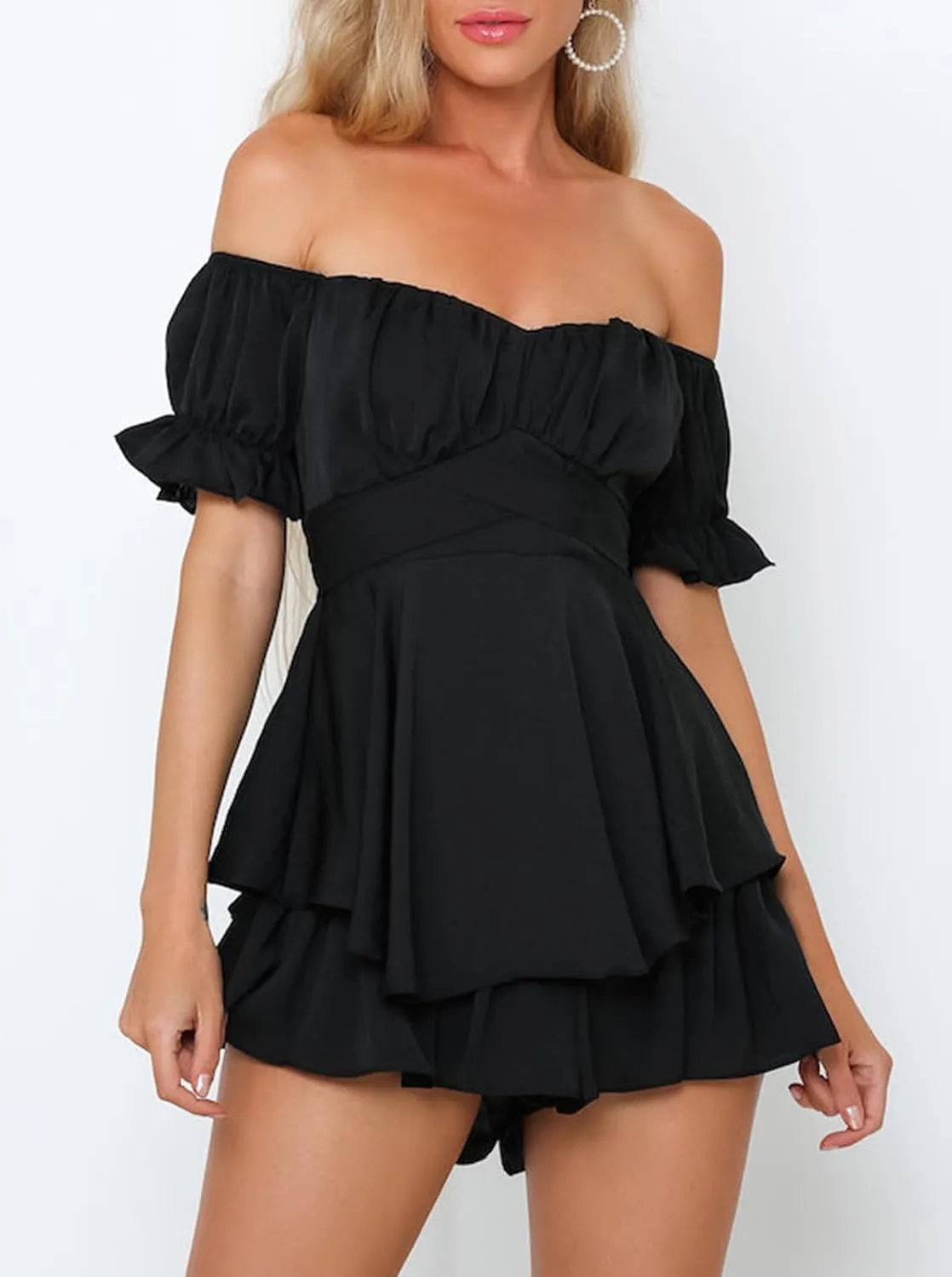 Fixmatti Women Boho Romper Off Shoulder Ruffle Chiffon Shorts Jumpsuit Playsuits