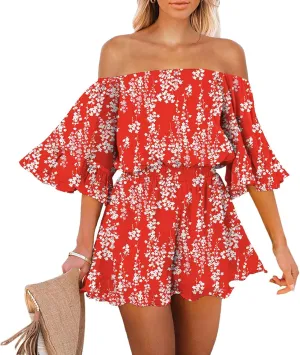 Fixmatti Women Boho Summer Romper Casual Floral Print Off Shoulder Strapless Shorts Jumpsuits