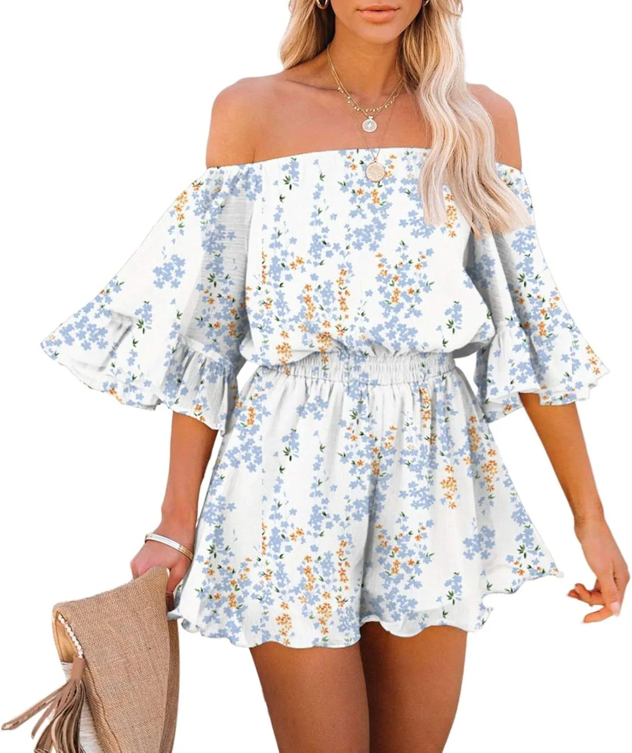 Fixmatti Women Boho Summer Romper Casual Floral Print Off Shoulder Strapless Shorts Jumpsuits