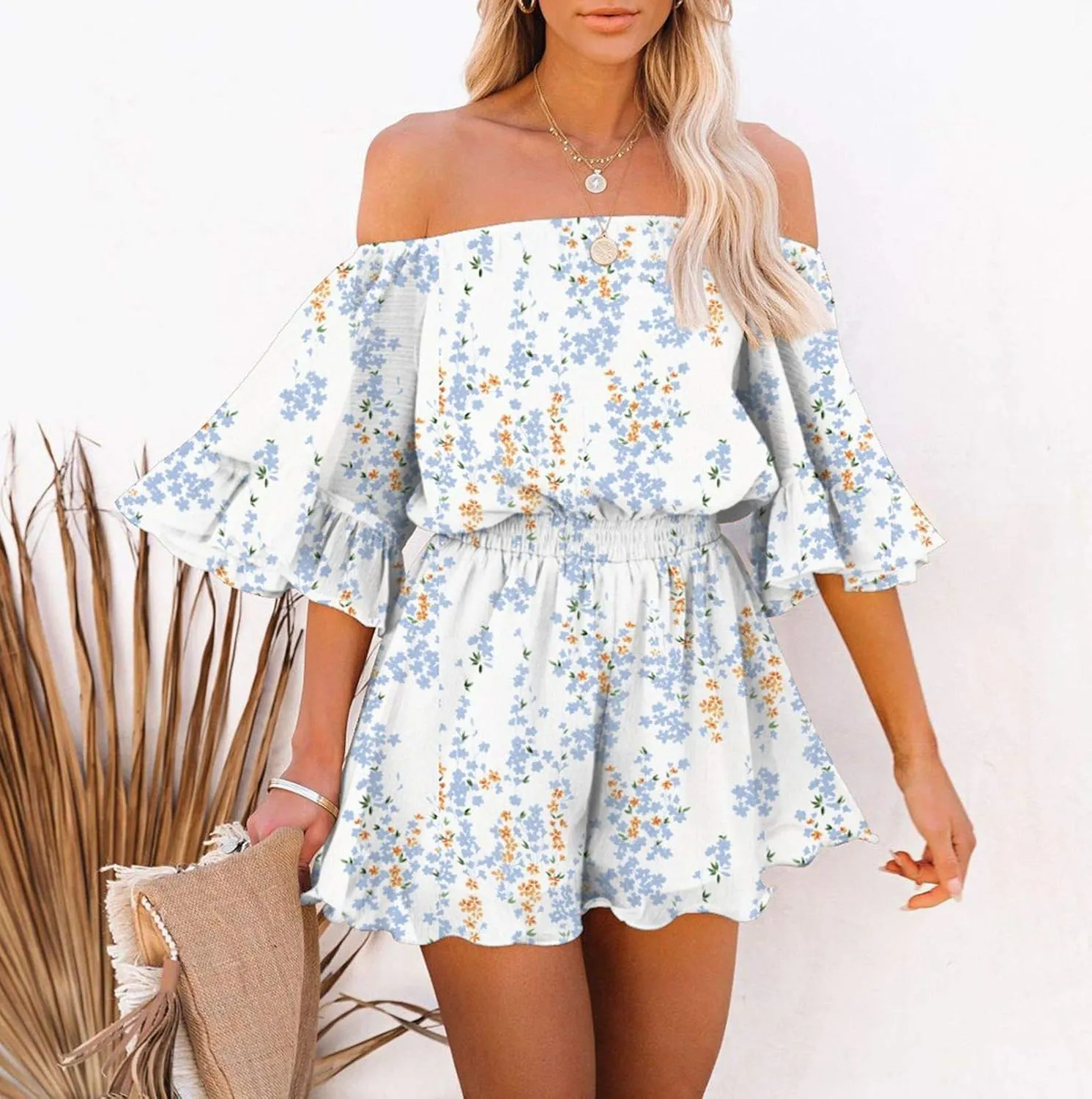 Fixmatti Women Boho Summer Romper Casual Floral Print Off Shoulder Strapless Shorts Jumpsuits