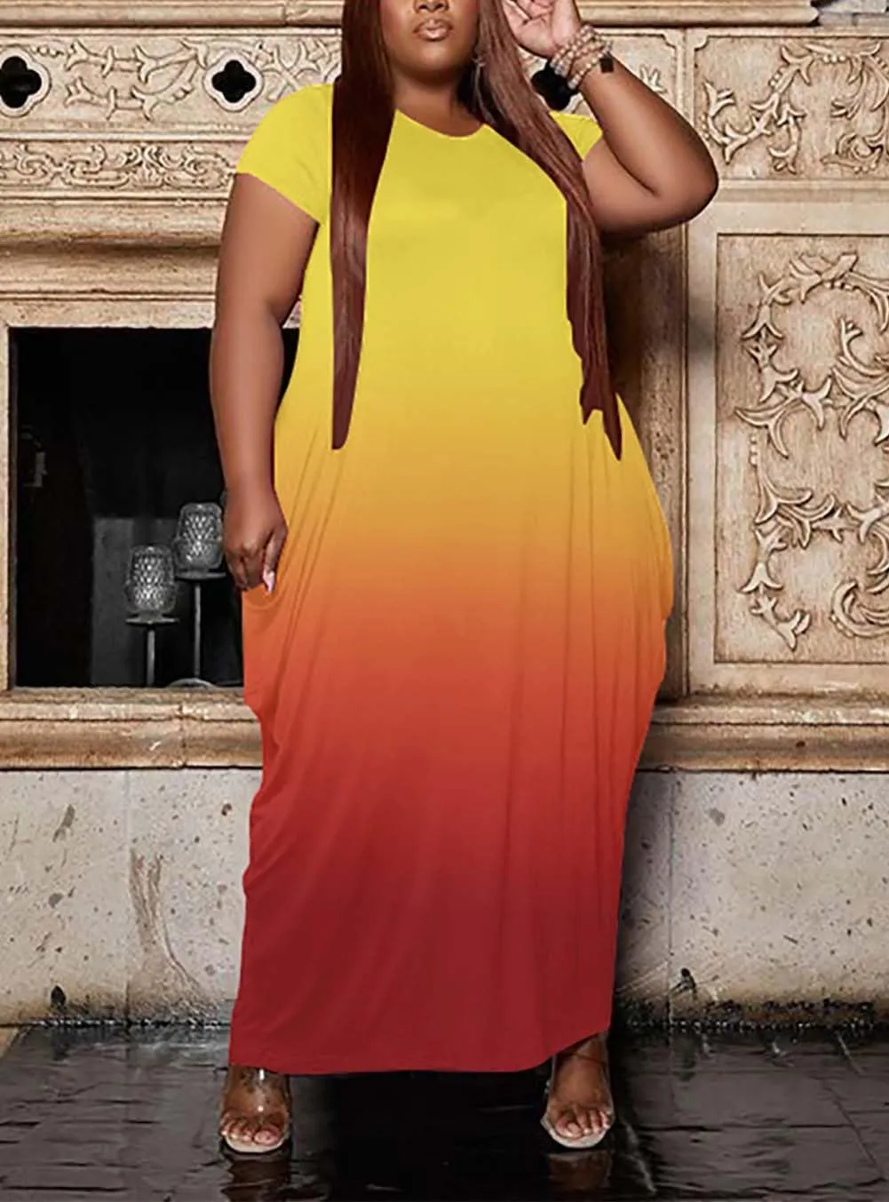Fooullaide Women Casual Plus Size Dress Summer Short Sleeve V Neck T Shirt Loose Oversize Flowy Long Dresses with Pocket