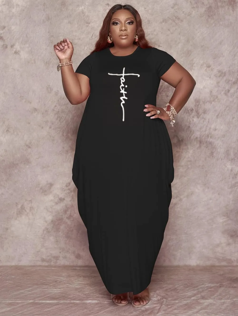 Fooullaide Women Casual Plus Size Dress Summer Short Sleeve V Neck T Shirt Loose Oversize Flowy Long Dresses with Pocket