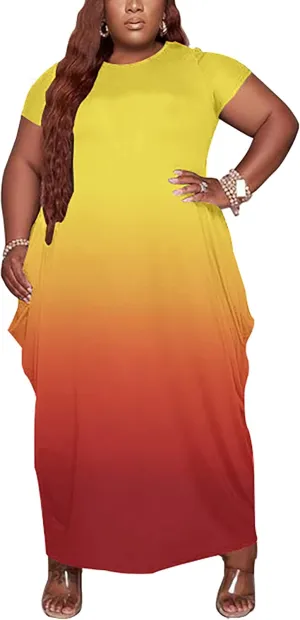 Fooullaide Women Casual Plus Size Dress Summer Short Sleeve V Neck T Shirt Loose Oversize Flowy Long Dresses with Pocket