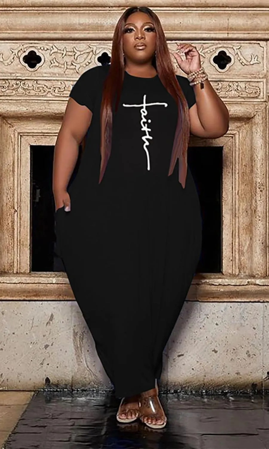 Fooullaide Women Casual Plus Size Dress Summer Short Sleeve V Neck T Shirt Loose Oversize Flowy Long Dresses with Pocket