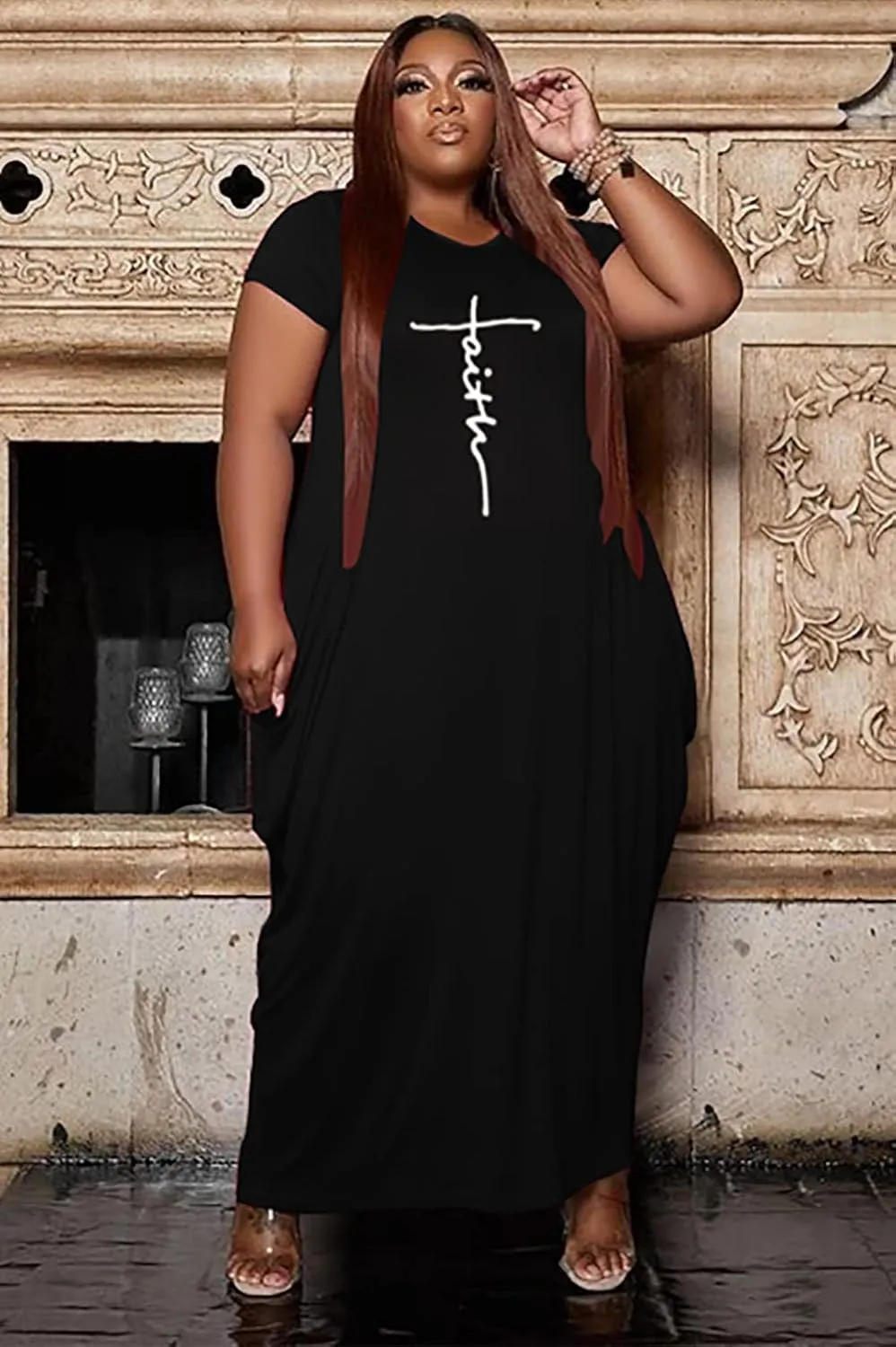 Fooullaide Women Casual Plus Size Dress Summer Short Sleeve V Neck T Shirt Loose Oversize Flowy Long Dresses with Pocket