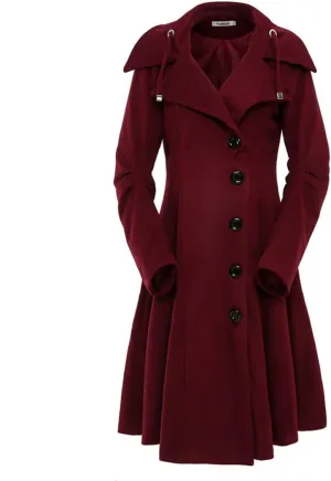 ForeMode Women Swing Double Breasted Wool Pea Coat with Belt Buckle Spring Mid-Long Long Sleeve Lapel Dresses Outwear