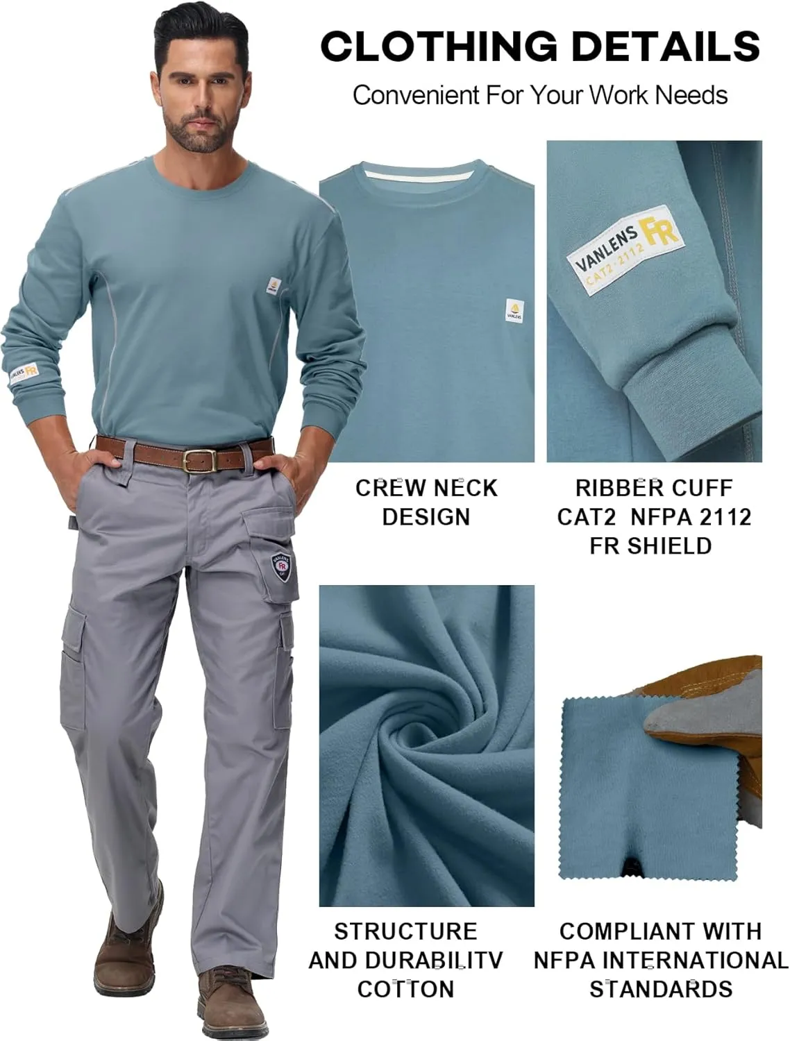 FR Shirts for Men CAT2/HRC2 6.5oz Lightweight Fire Resistant Shirts for Men Long Sleeve Crewneck T-Shirt