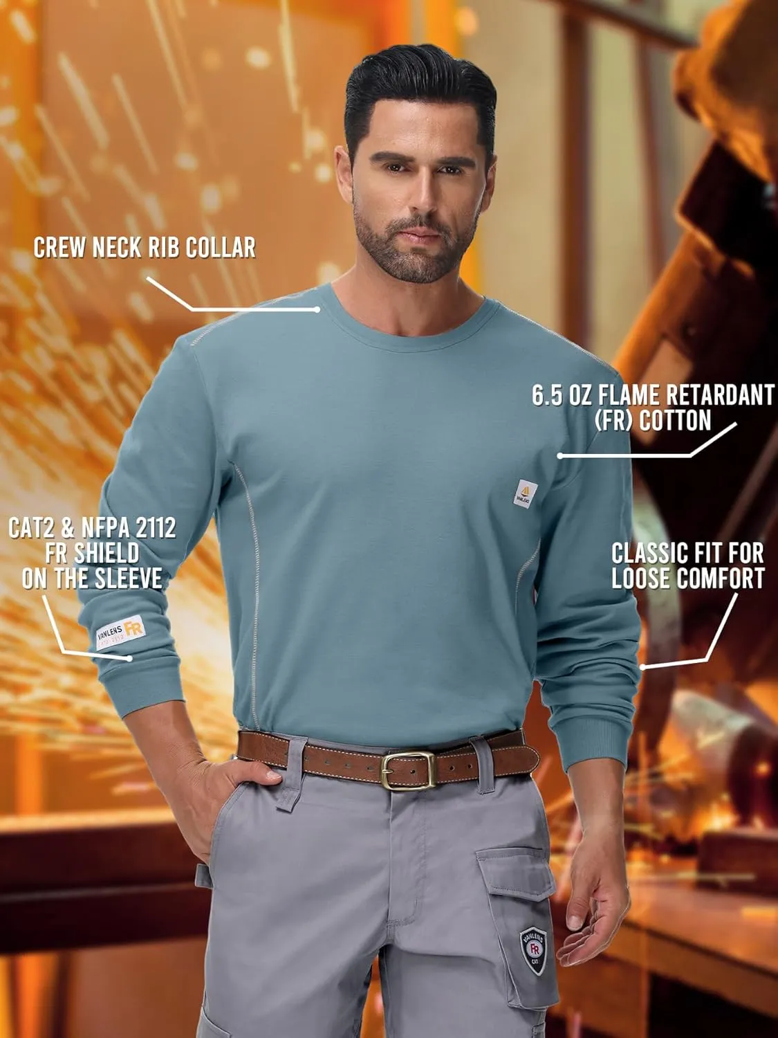 FR Shirts for Men CAT2/HRC2 6.5oz Lightweight Fire Resistant Shirts for Men Long Sleeve Crewneck T-Shirt