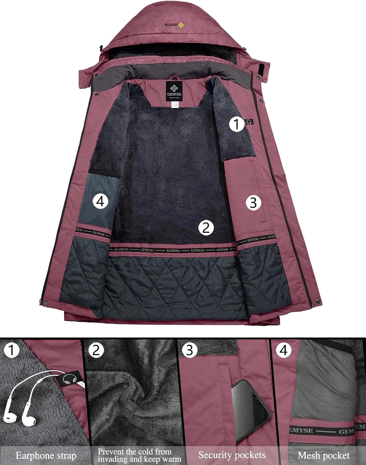 GEMYSE Women's Ski Snow Jacket Warm Winter Waterproof Coat Snowboard Rain Jacket Hooded Windproof Windbreaker