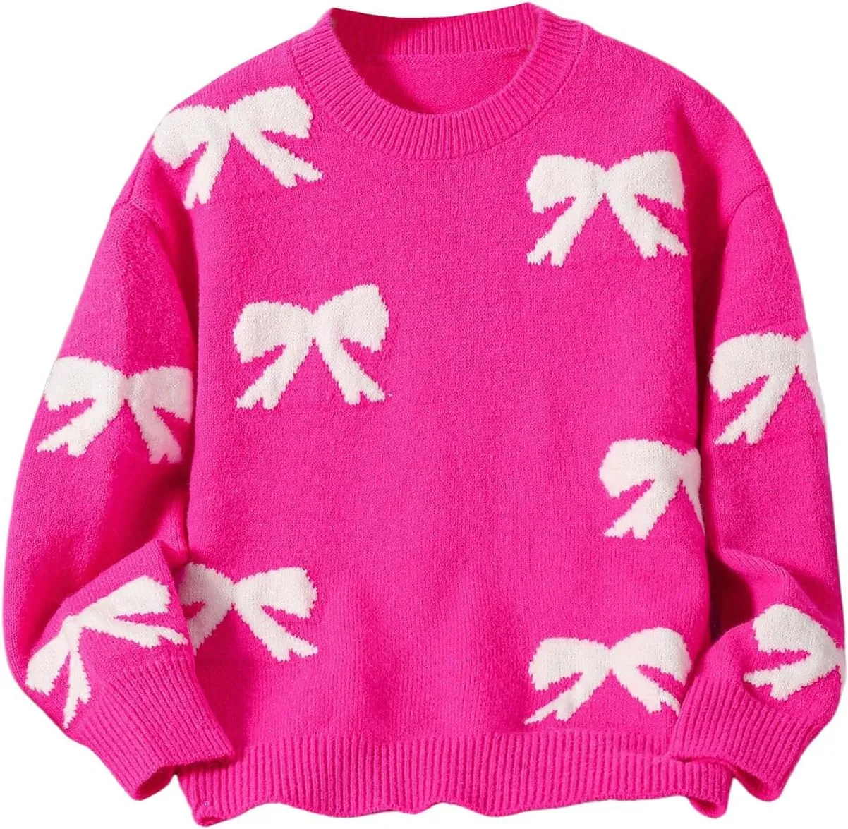 Girl's Cute Bow Sweater Crew Neck Long Sleeve Drop Shoulder Loose Pullover Tops