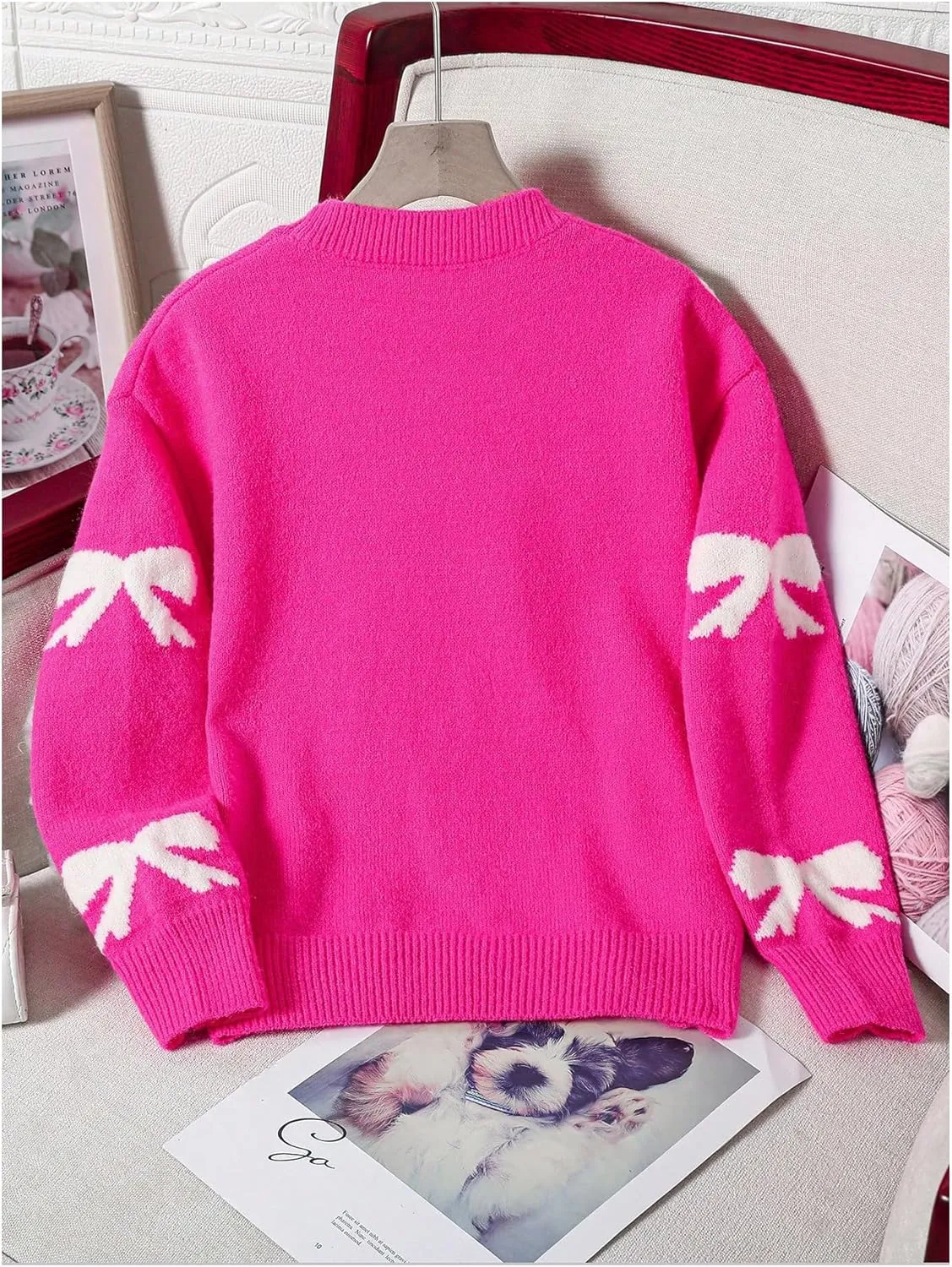 Girl's Cute Bow Sweater Crew Neck Long Sleeve Drop Shoulder Loose Pullover Tops