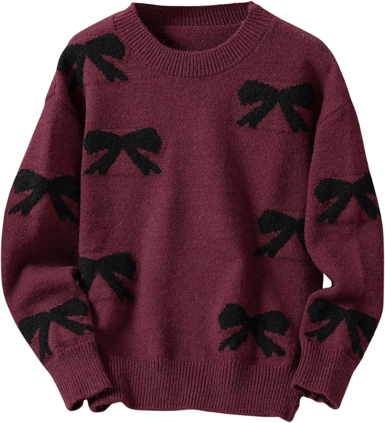 Girl's Cute Bow Sweater Crew Neck Long Sleeve Drop Shoulder Loose Pullover Tops