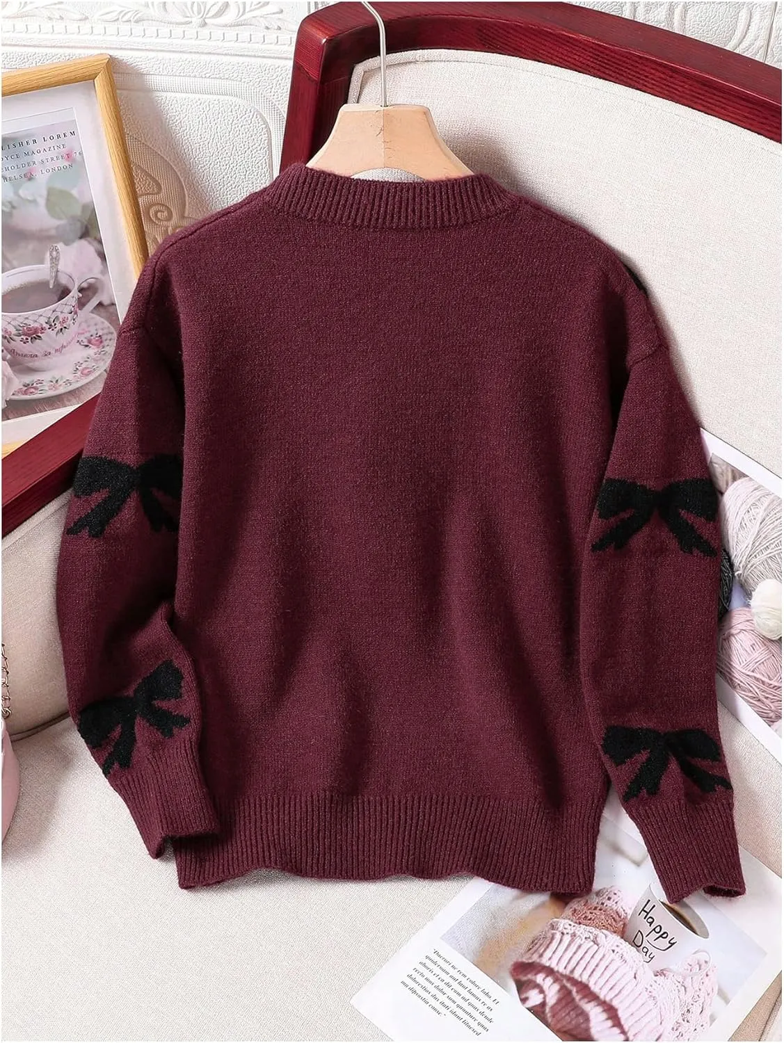 Girl's Cute Bow Sweater Crew Neck Long Sleeve Drop Shoulder Loose Pullover Tops