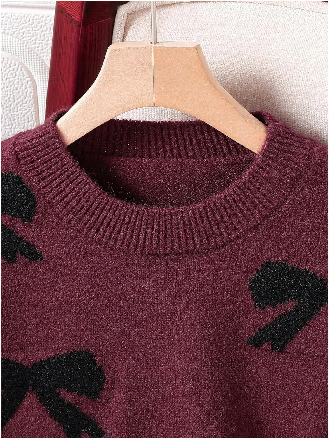 Girl's Cute Bow Sweater Crew Neck Long Sleeve Drop Shoulder Loose Pullover Tops