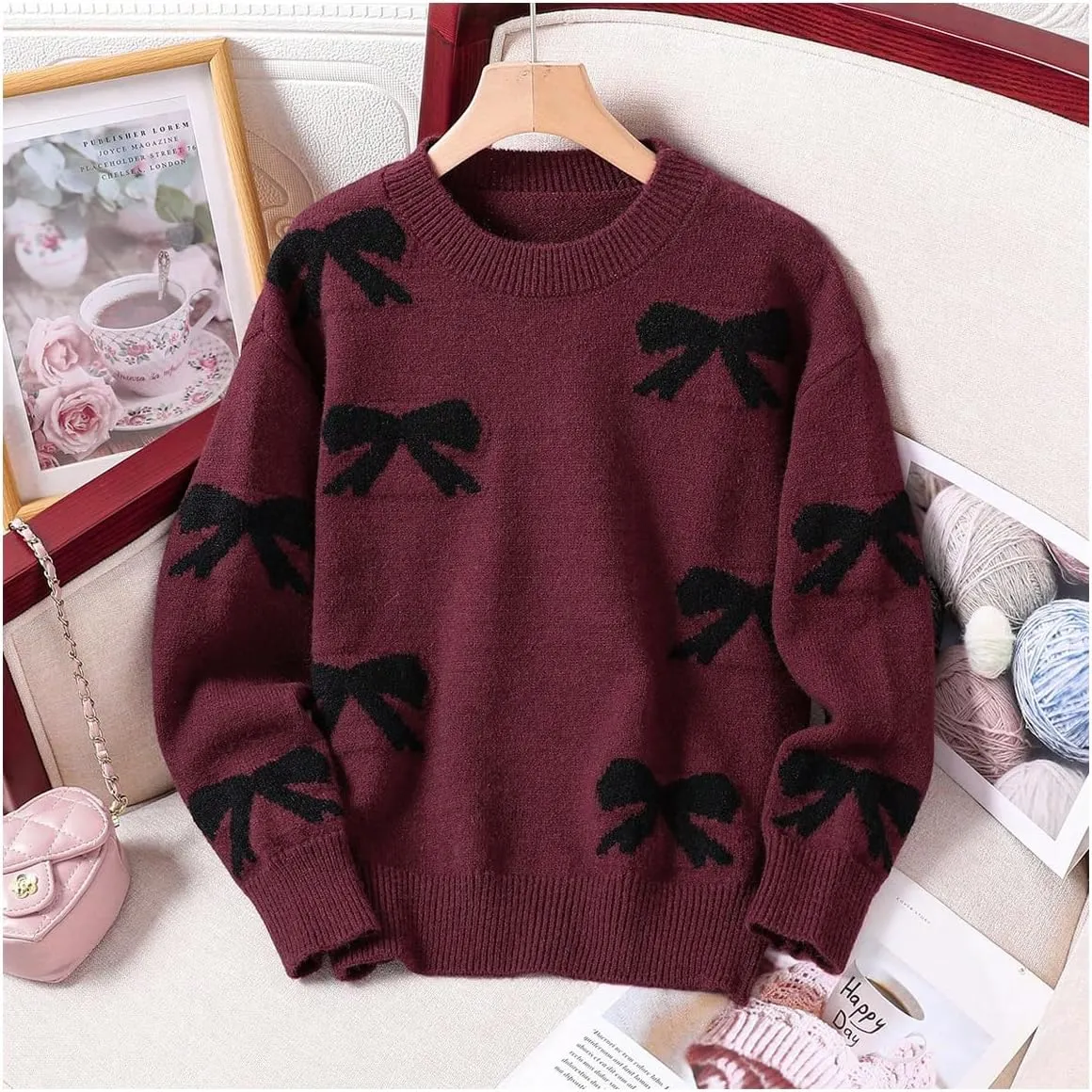 Girl's Cute Bow Sweater Crew Neck Long Sleeve Drop Shoulder Loose Pullover Tops
