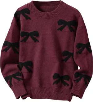 Girl's Cute Bow Sweater Crew Neck Long Sleeve Drop Shoulder Loose Pullover Tops