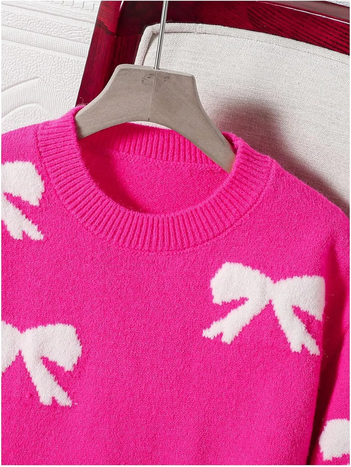 Girl's Cute Bow Sweater Crew Neck Long Sleeve Drop Shoulder Loose Pullover Tops