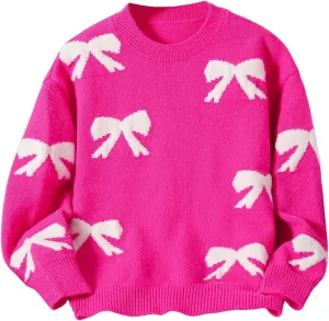 Girl's Cute Bow Sweater Crew Neck Long Sleeve Drop Shoulder Loose Pullover Tops