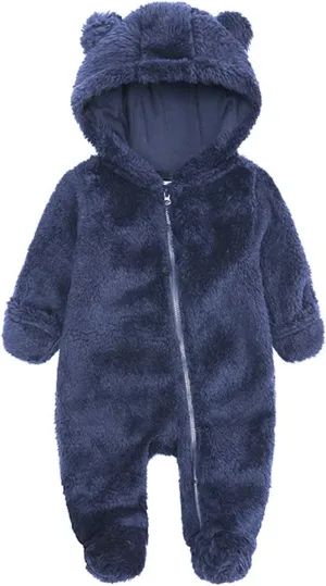 Girls Hooded Coat Newborn Baby Boy Jacket Fleece Hooded Footed Coat Outerwear Romper Jumpsuit Cotton Padded Coat(Navy,6-9 Months)