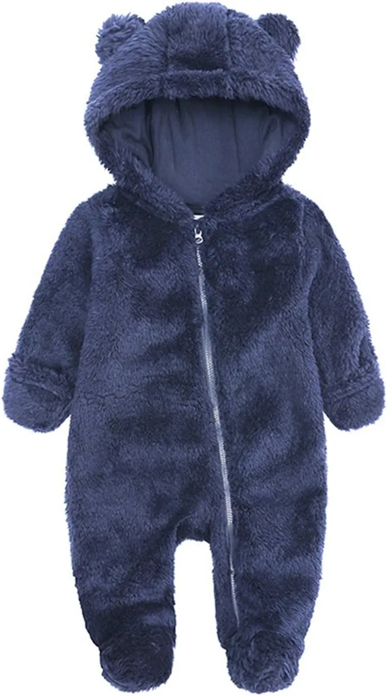Girls Hooded Coat Newborn Baby Boy Jacket Fleece Hooded Footed Coat Outerwear Romper Jumpsuit Cotton Padded Coat(Navy,6-9 Months)