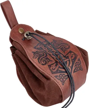 GORGECRAFT Medieval Leather Drawstring Pouch Vintage Printed Waist Bag Portable Brown Fanny Pack Dice Coin Purse for Women Men Hiking Waist Packs Costume Accessories, Wolf Hammer Pattern