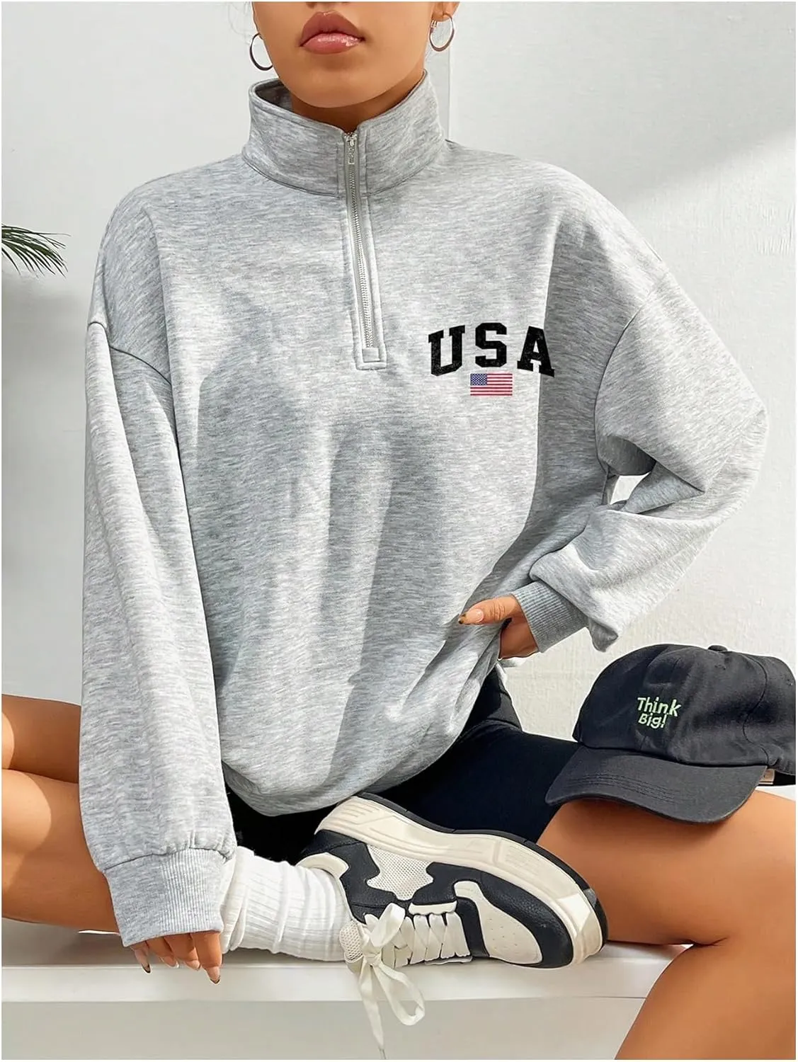 GORGLITTER Women's American Flag Graphic Letter Quarter Zip Pullover Sweatshirt Casual Long Sleeve Mock Neck Pullover Tops