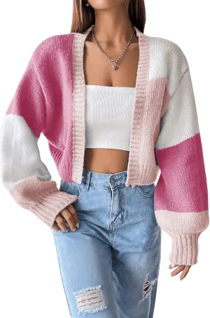 GORGLITTER Women's Colorful Open Front Cardigan Sweater Color Block Long Sleeve Drop Shoulder Cropped Knit Cardigan