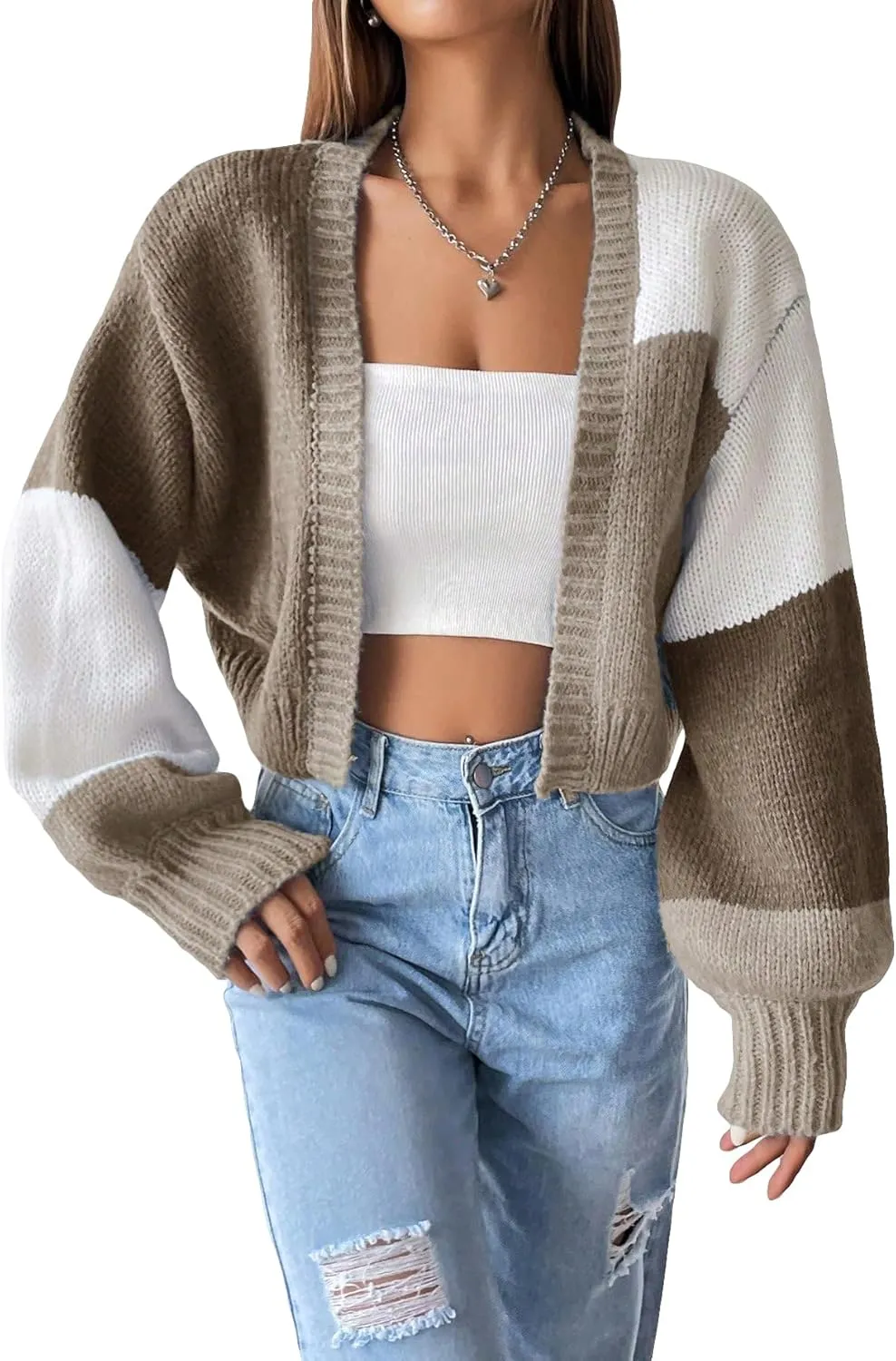 GORGLITTER Women's Colorful Open Front Cardigan Sweater Color Block Long Sleeve Drop Shoulder Cropped Knit Cardigan