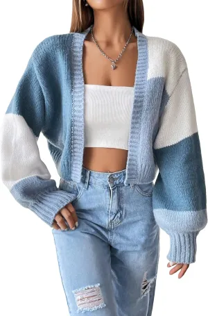GORGLITTER Women's Colorful Open Front Cardigan Sweater Color Block Long Sleeve Drop Shoulder Cropped Knit Cardigan