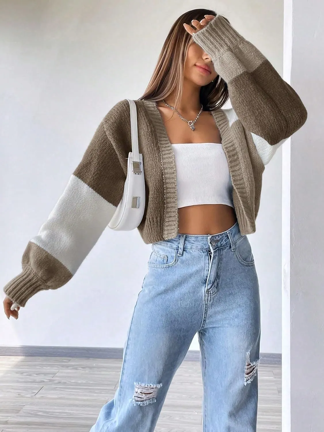 GORGLITTER Women's Colorful Open Front Cardigan Sweater Color Block Long Sleeve Drop Shoulder Cropped Knit Cardigan