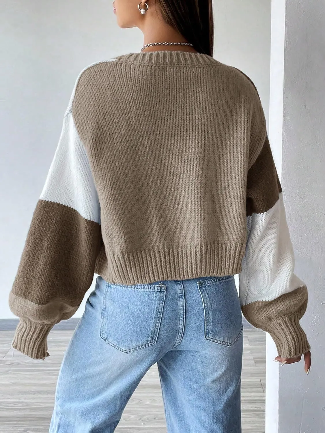 GORGLITTER Women's Colorful Open Front Cardigan Sweater Color Block Long Sleeve Drop Shoulder Cropped Knit Cardigan