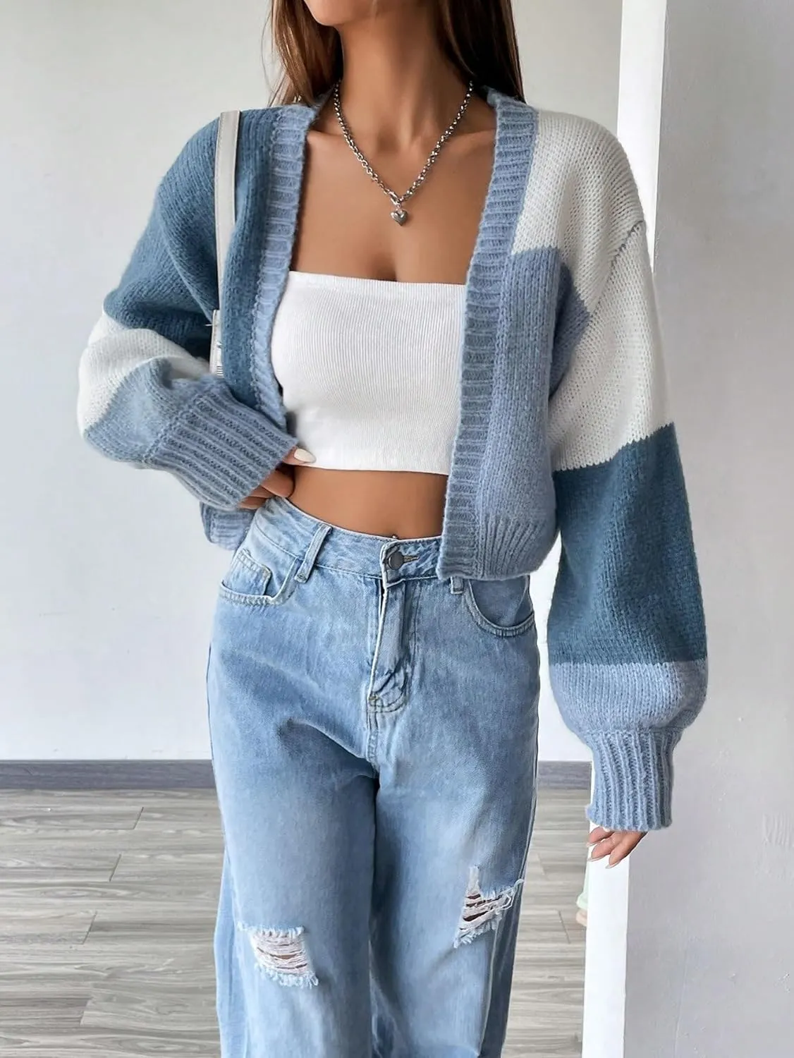 GORGLITTER Women's Colorful Open Front Cardigan Sweater Color Block Long Sleeve Drop Shoulder Cropped Knit Cardigan