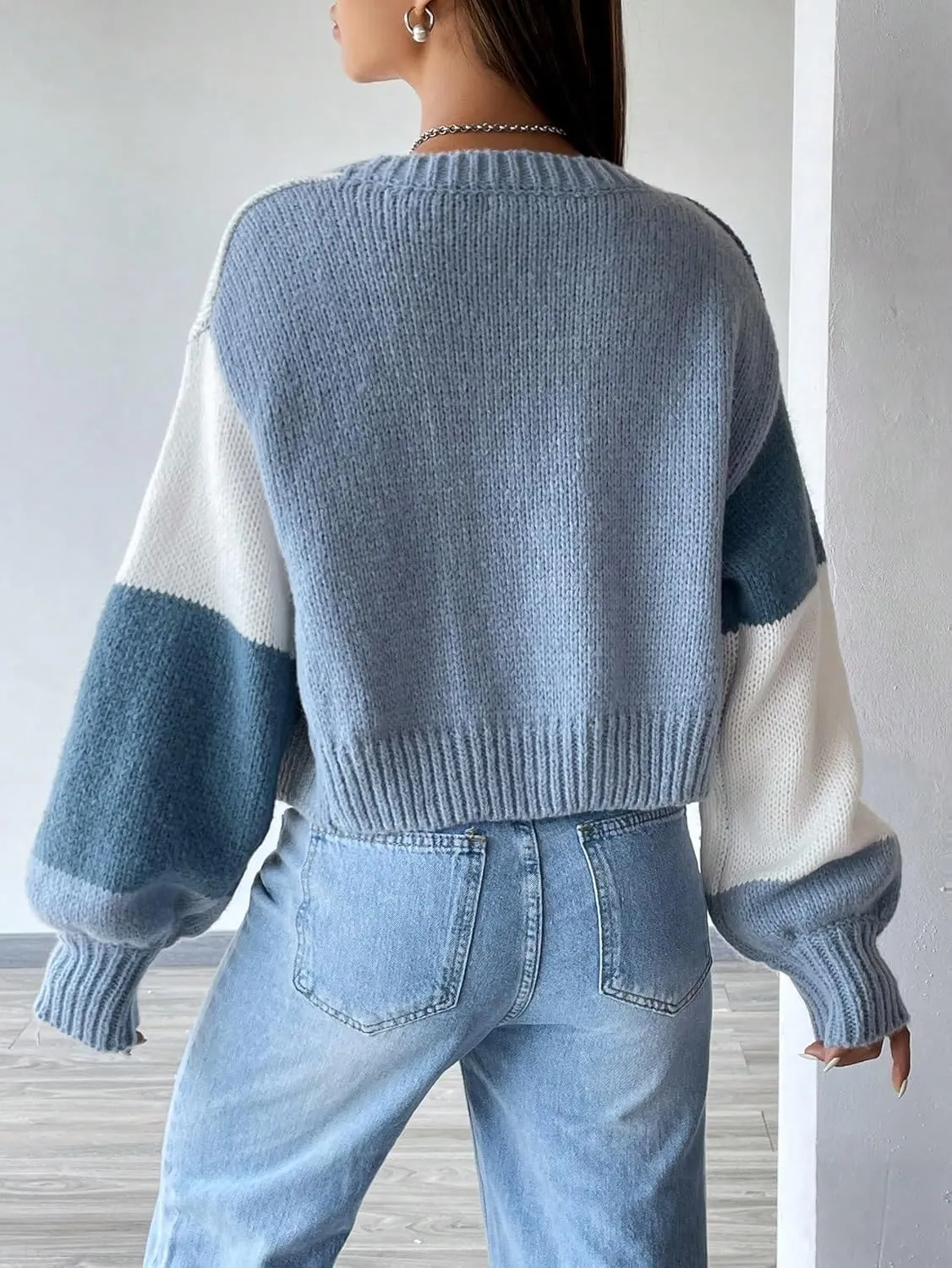 GORGLITTER Women's Colorful Open Front Cardigan Sweater Color Block Long Sleeve Drop Shoulder Cropped Knit Cardigan