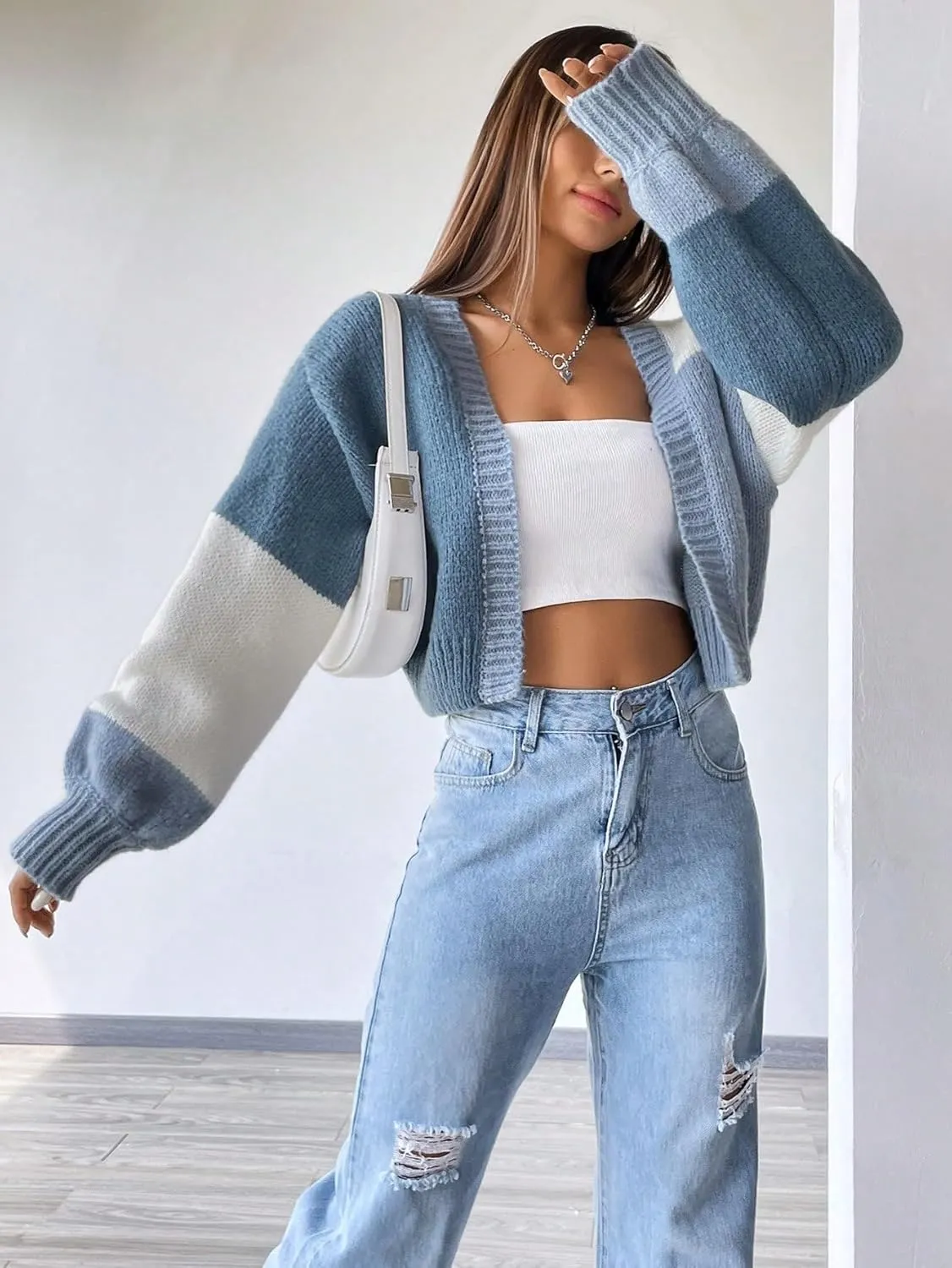 GORGLITTER Women's Colorful Open Front Cardigan Sweater Color Block Long Sleeve Drop Shoulder Cropped Knit Cardigan
