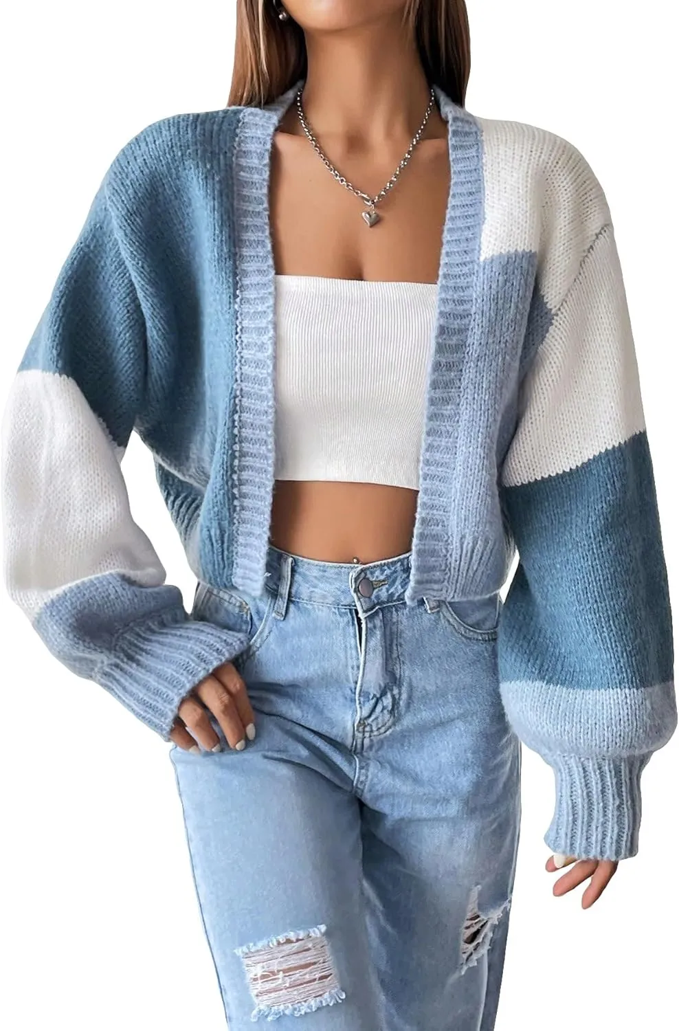 GORGLITTER Women's Colorful Open Front Cardigan Sweater Color Block Long Sleeve Drop Shoulder Cropped Knit Cardigan