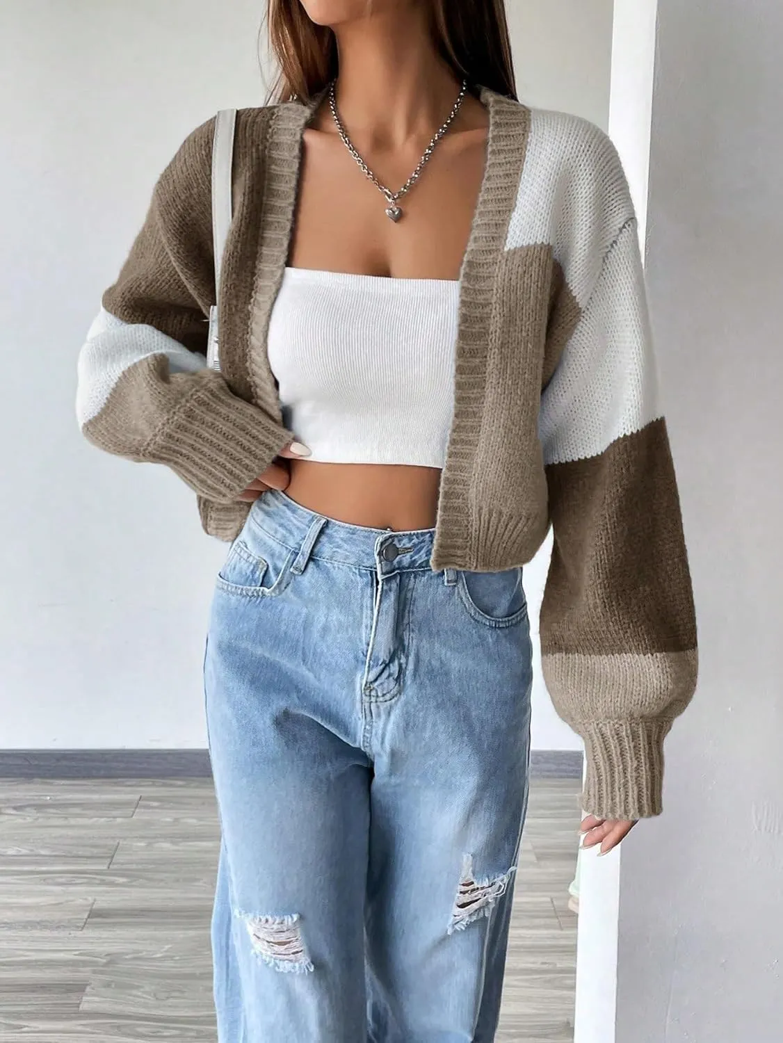 GORGLITTER Women's Colorful Open Front Cardigan Sweater Color Block Long Sleeve Drop Shoulder Cropped Knit Cardigan