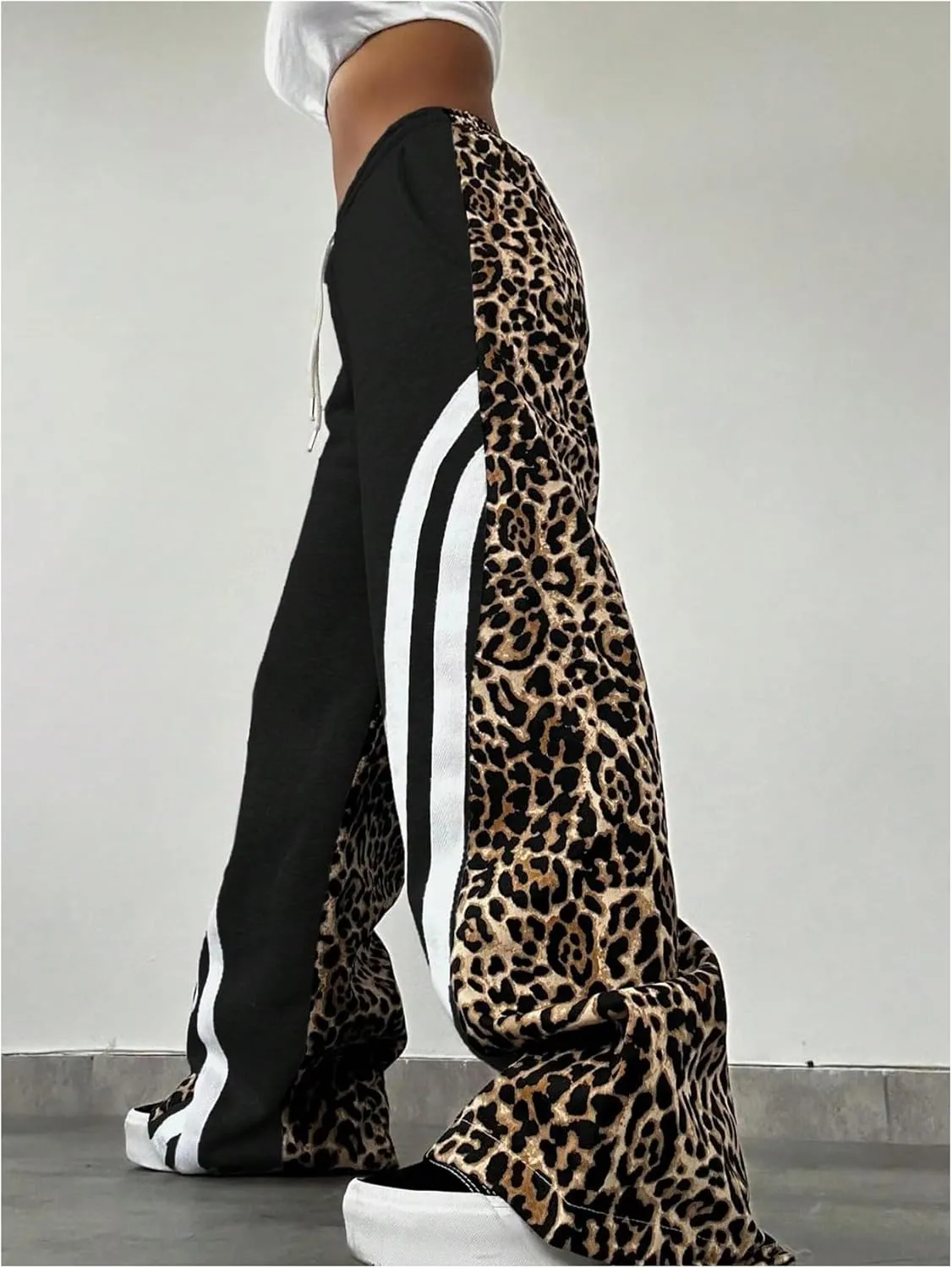 GORGLITTER Women's Leopard Print Drawstring Waist Pants Cheetah Striped Wide Leg Pants Streetwear