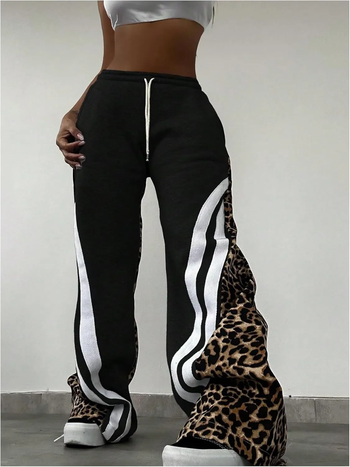 GORGLITTER Women's Leopard Print Drawstring Waist Pants Cheetah Striped Wide Leg Pants Streetwear