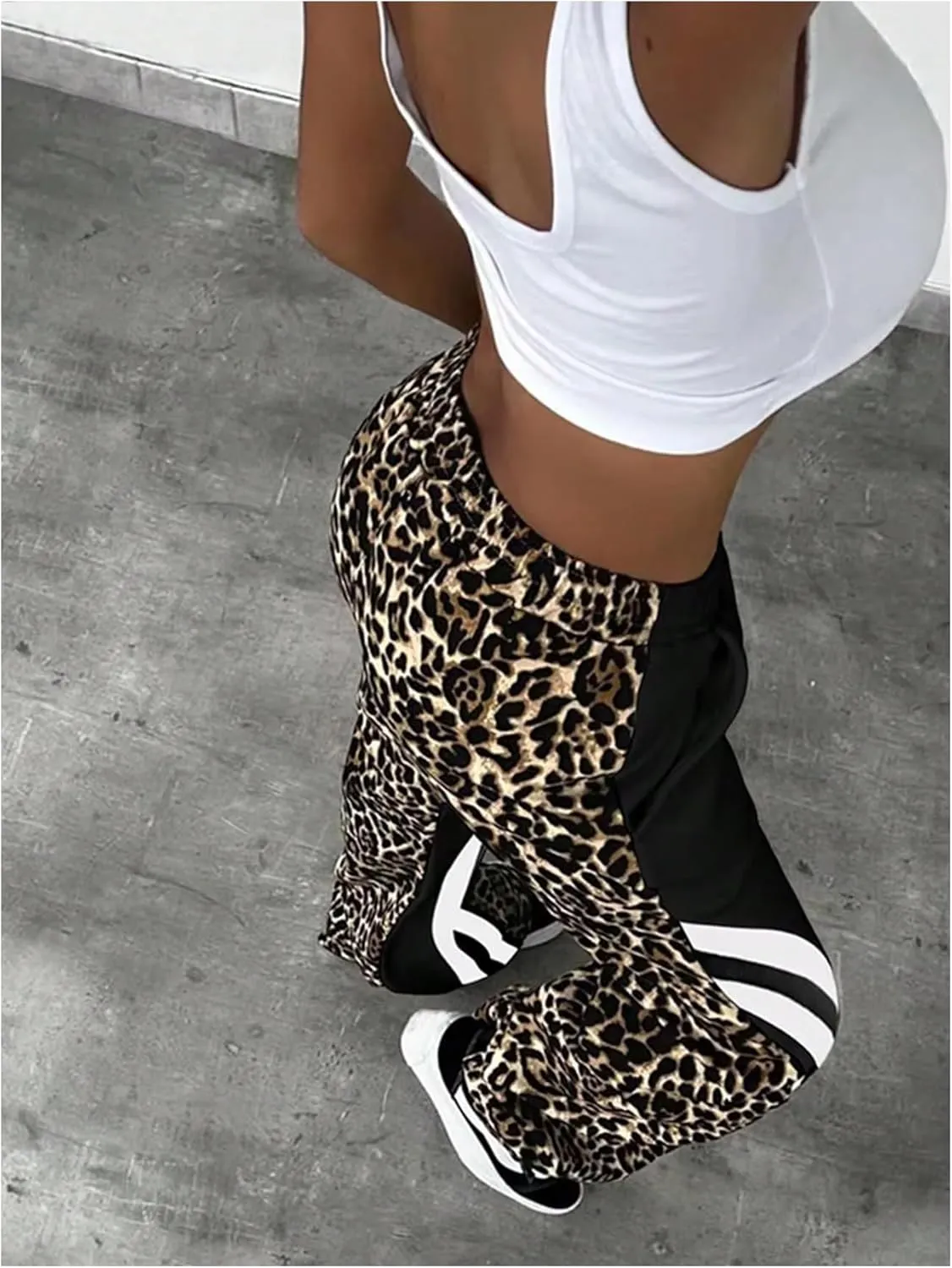 GORGLITTER Women's Leopard Print Drawstring Waist Pants Cheetah Striped Wide Leg Pants Streetwear