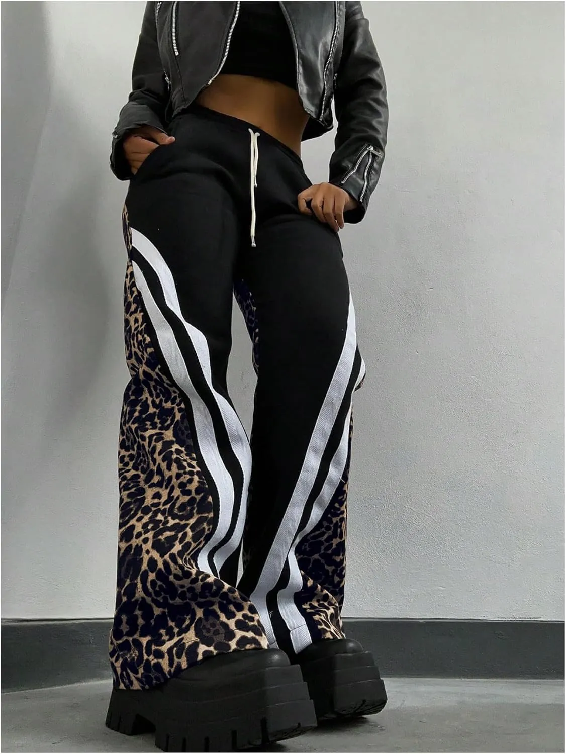 GORGLITTER Women's Leopard Print Drawstring Waist Pants Cheetah Striped Wide Leg Pants Streetwear