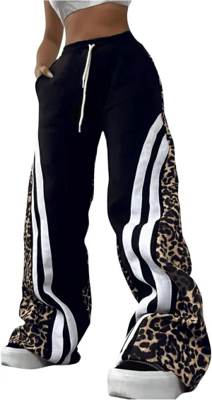 GORGLITTER Women's Leopard Print Drawstring Waist Pants Cheetah Striped Wide Leg Pants Streetwear